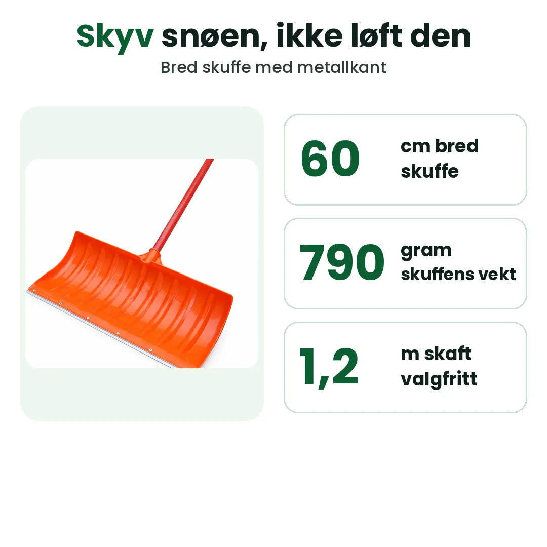 Oransje snøskuffe med bladbredde, vekt og skaftlengde