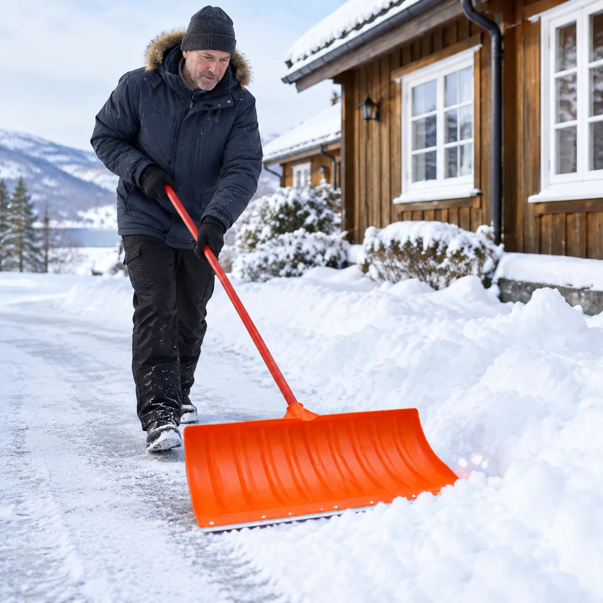 Man pushing snow off a home driveway with a wide orange snow shovel