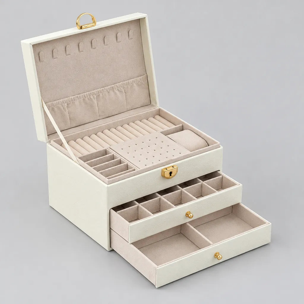 Open cream-white 3-tier jewelry box with both drawers pulled out and empty