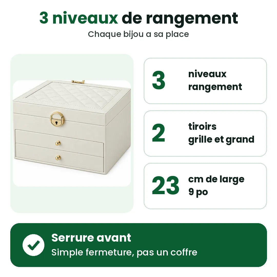 Boîte à bijoux à 3 niveaux, 2 tiroirs et serrure avant, 23 cm de large