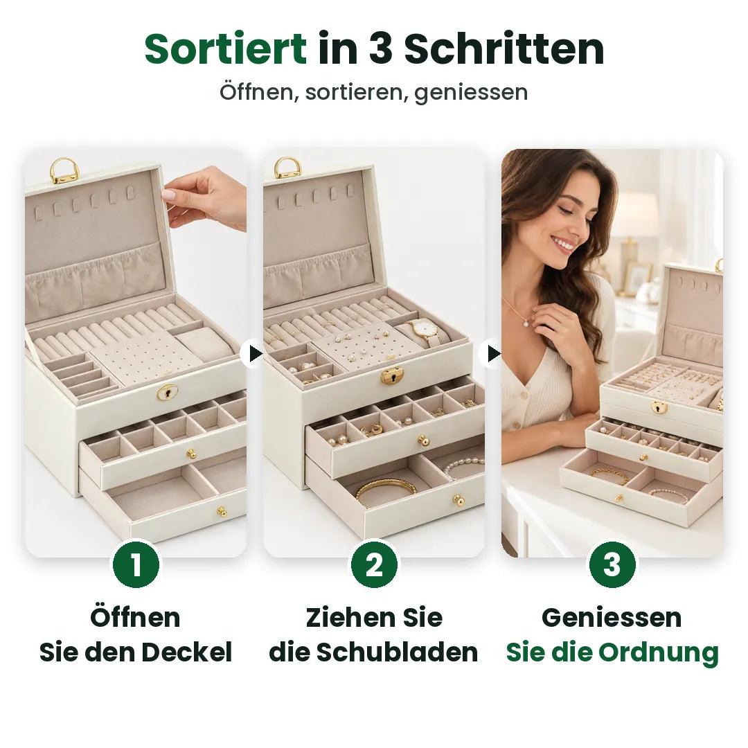 Drei Schritte zum Sortieren von Schmuck: Deckel öffnen, Schubladen ziehen, aussuchen