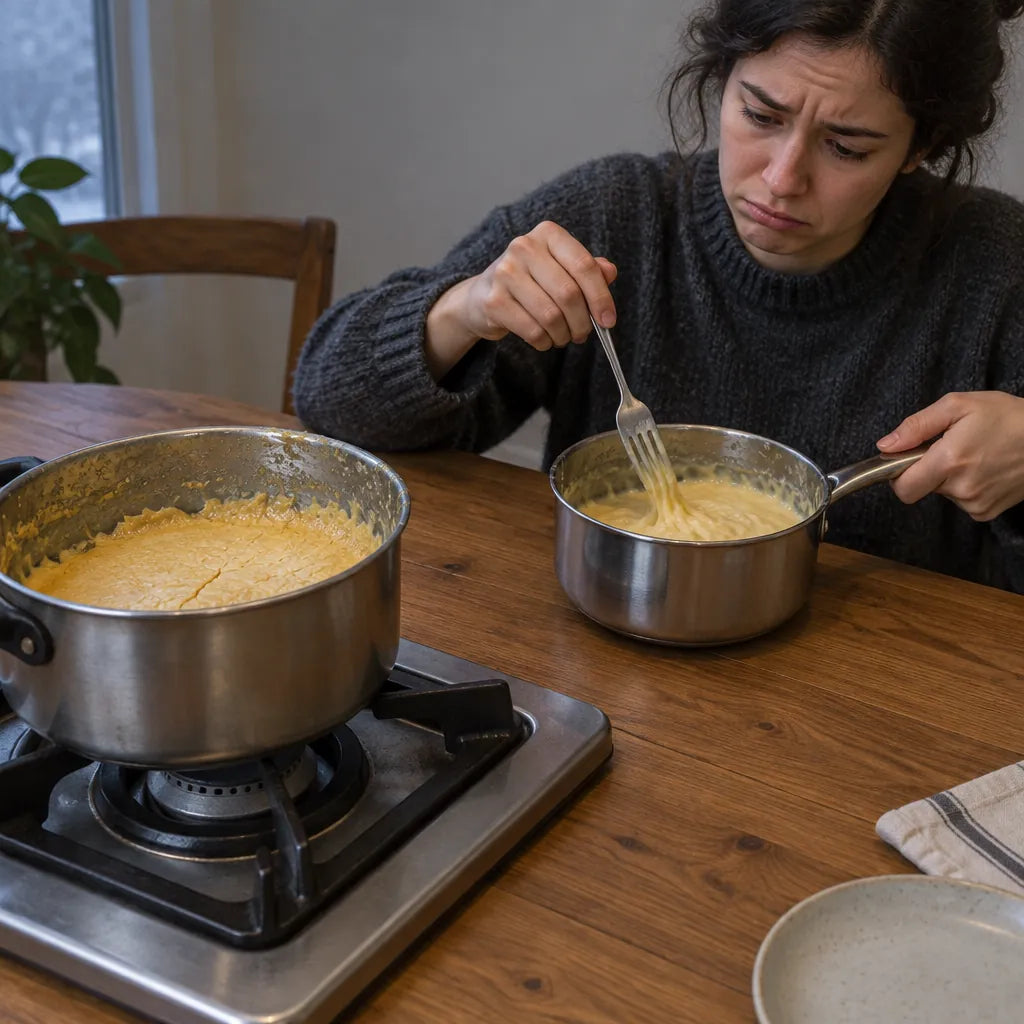 Frau rührt mit verzogenem Gesicht verdickten Käse in einer einfachen Pfanne am Tisch
