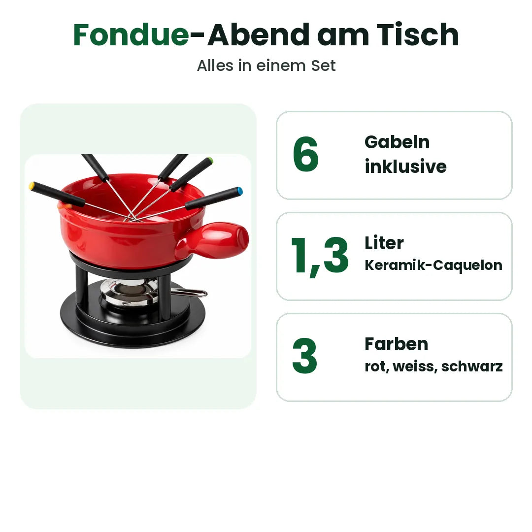 Fondue-Set mit 6 Gabeln und 1,3-Liter-Caquelon aus Keramik in Rot, Weiss oder Schwarz