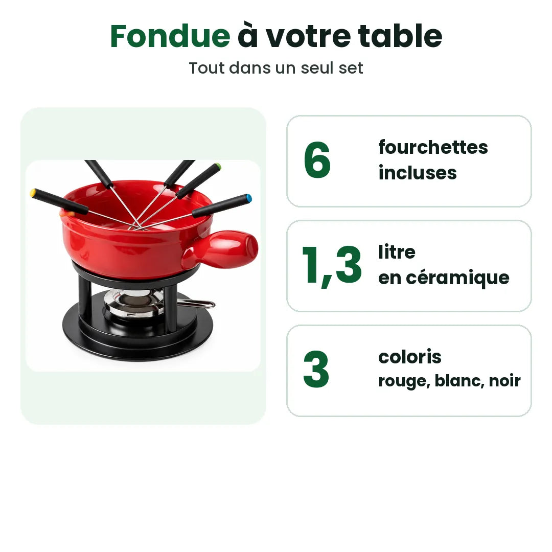 Service à fondue avec 6 fourchettes et caquelon en céramique de 1,3 litre, rouge, blanc ou noir