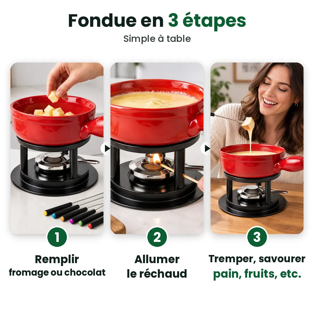 Fondue au fromage en trois étapes : remplir, allumer le réchaud, tremper
