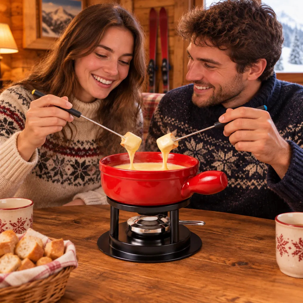 Couple enjoying cheese fondue in a wooden ski chalet