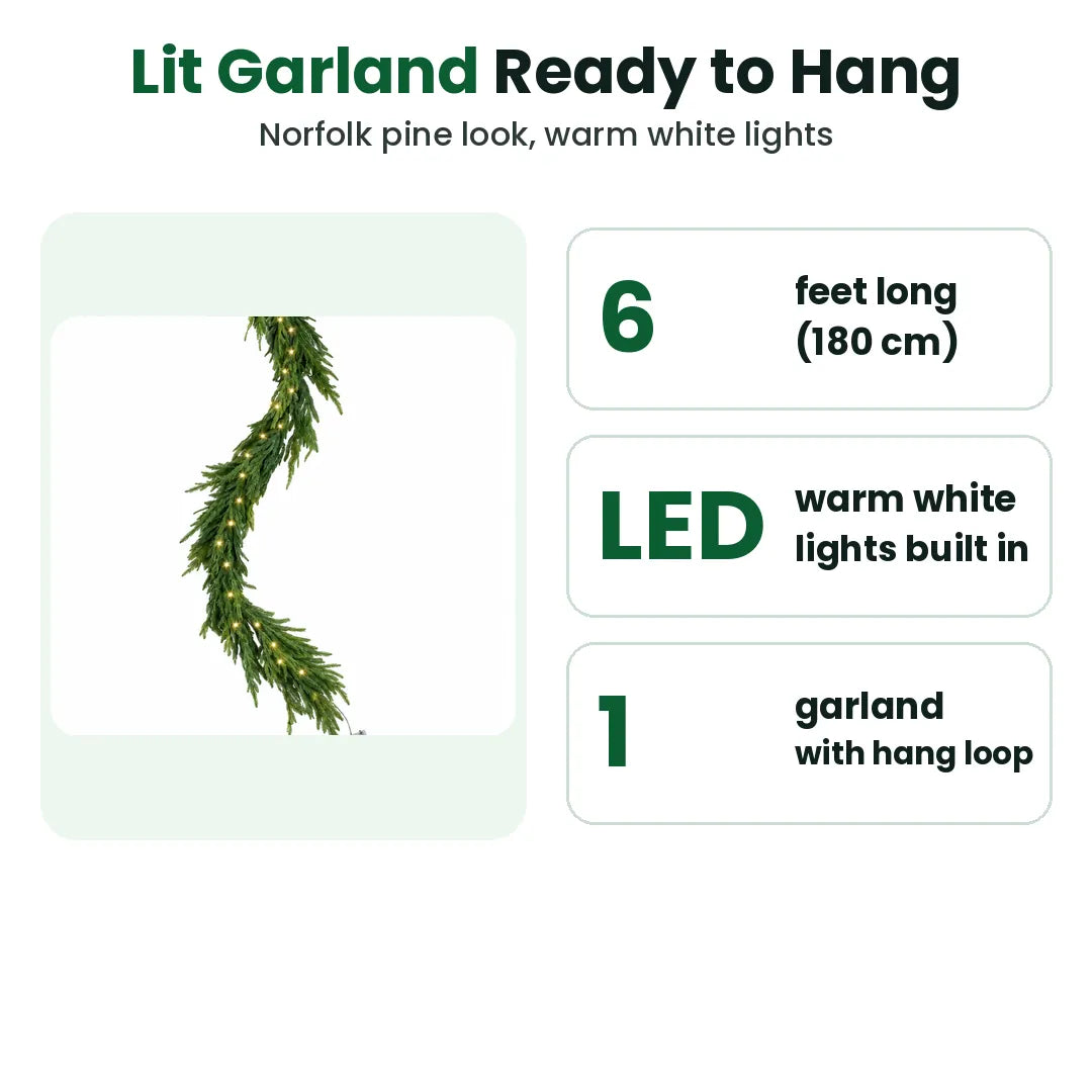 Lit Norfolk pine Christmas garland, 6 ft with warm white LED lights