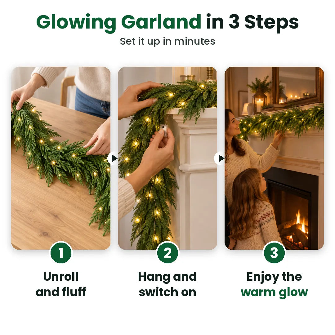 Three steps to hang a Christmas garland with lights