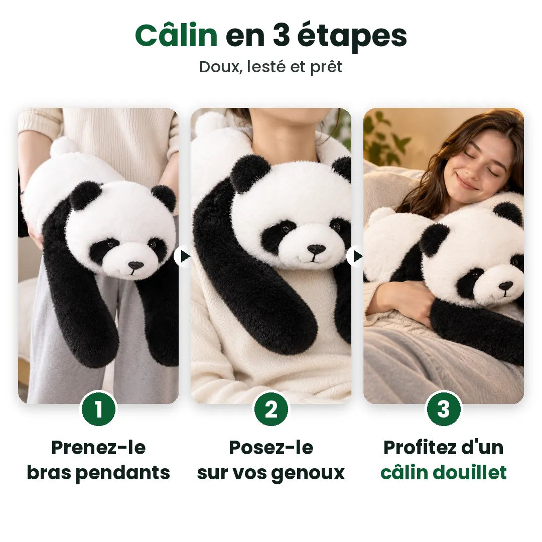 Trois étapes pour faire un câlin à une peluche lestée panda