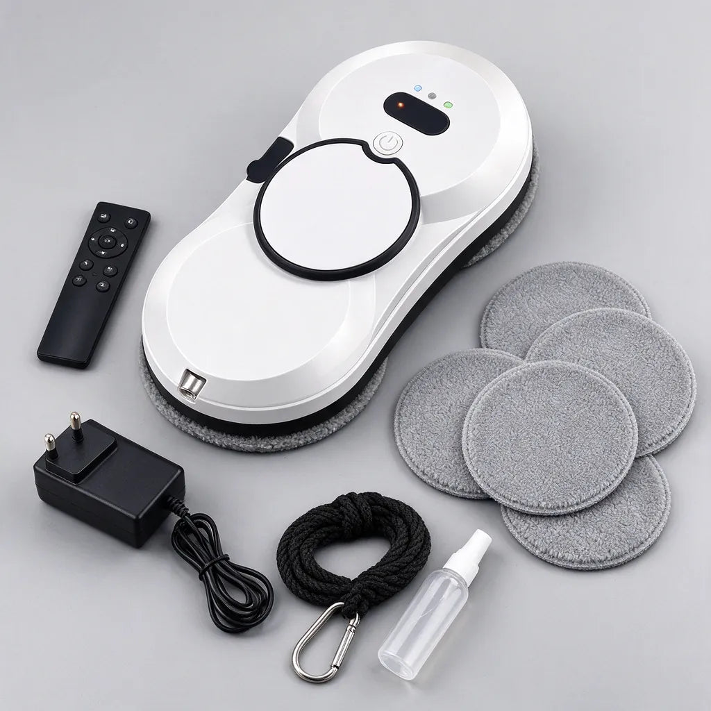 Window cleaning robot with remote control, adapter, safety rope, spray bottle and spare microfibre pads