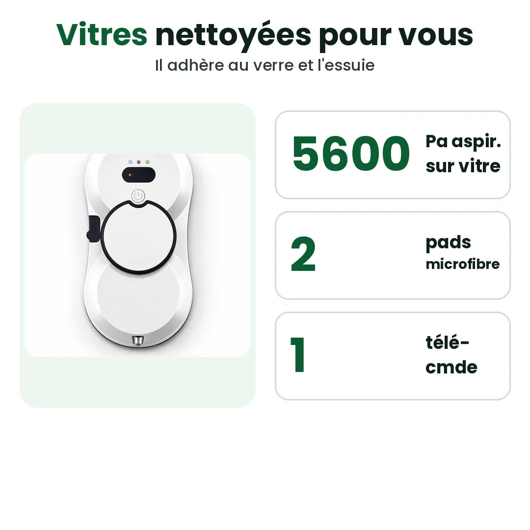 Robot lave vitre avec 5600Pa d'aspiration, deux pads microfibre et télécommande