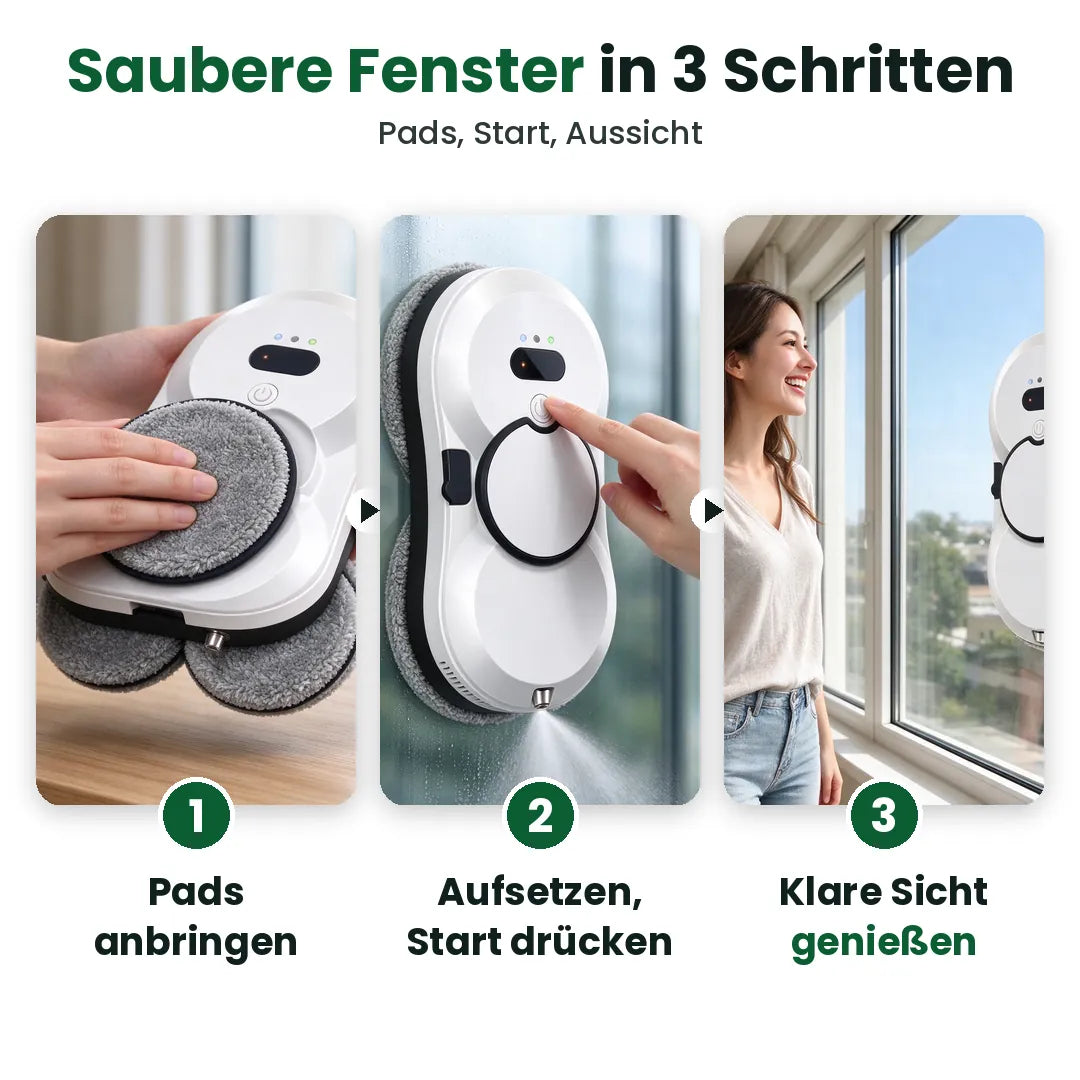 Fensterputzroboter in drei Schritten: Pads anbringen, starten, klare Sicht geniessen