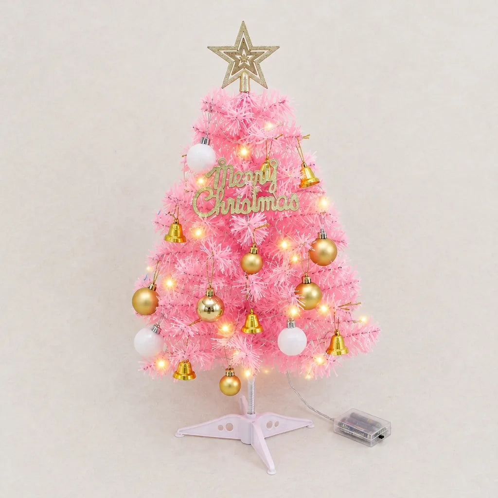 Pink pre-lit tabletop Christmas tree with gold ornaments, stand and battery box