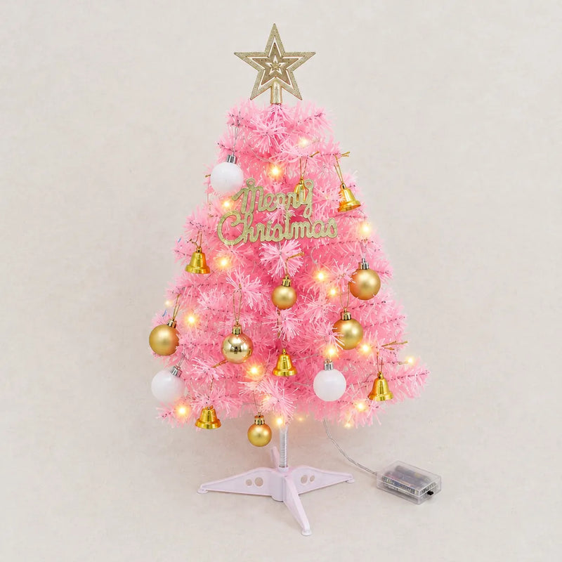 Pink pre-lit tabletop Christmas tree with stand, decorations and battery box