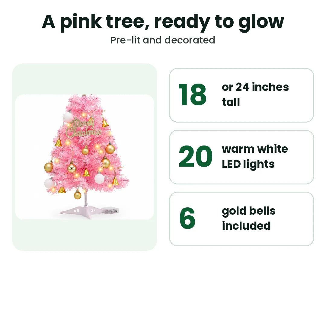Pink Christmas tree with LED lights, sizes 18 and 24 inches, gold bells included