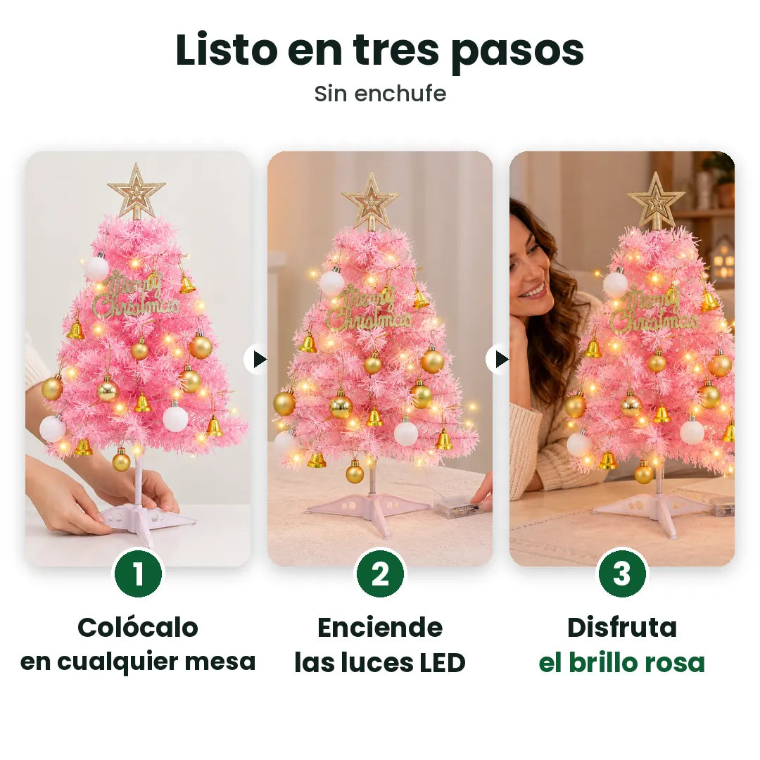 Tres pasos para armar un arbolito de Navidad rosa con luces para mesa