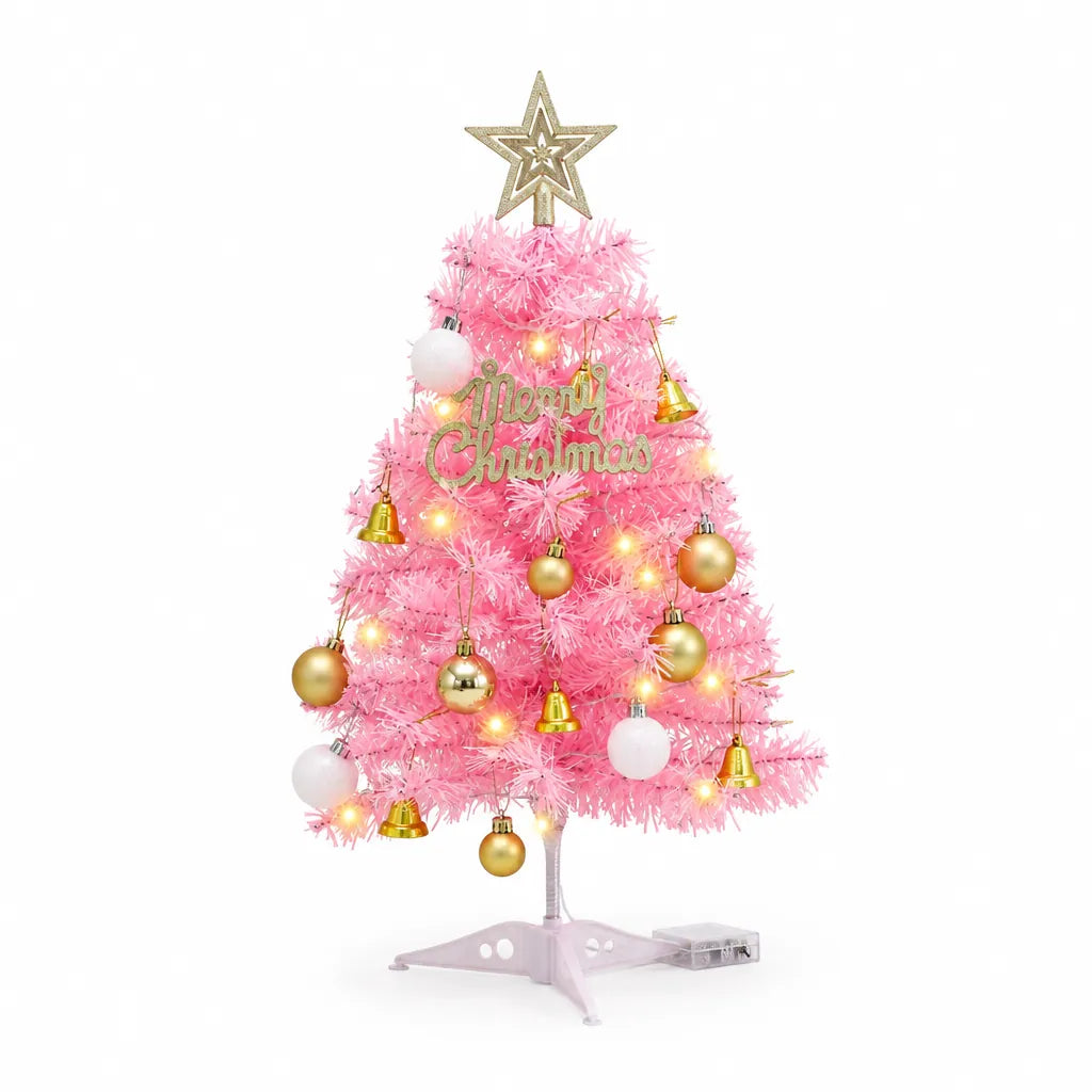 Pink pre-lit tabletop Christmas tree with gold star, bells and baubles