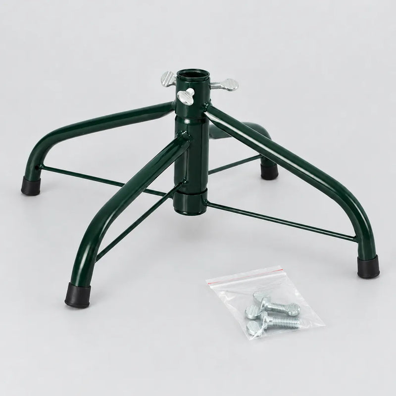 Base metálica verde oscuro de cuatro patas para árbol de Navidad con una bolsa de tornillos de mariposa