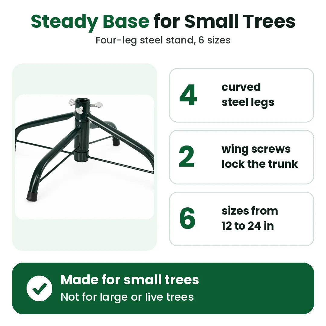 Metal Christmas tree stand with four steel legs, wing screws and six sizes