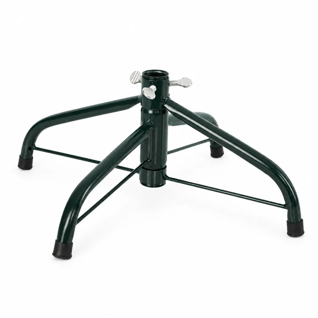 Dark green four-leg metal Christmas tree stand on a white background
