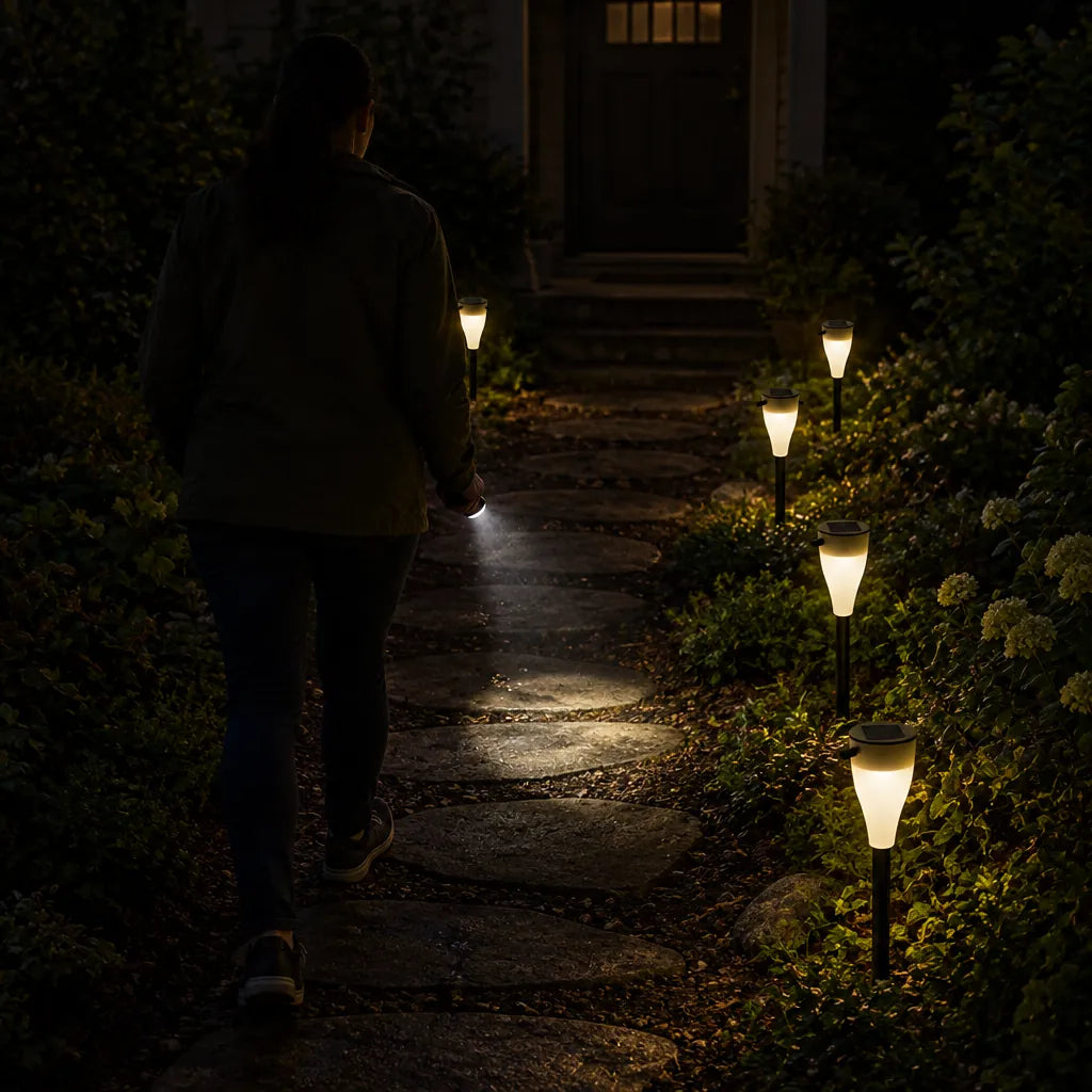 Persona caminando con una linterna por un camino de jardín oscuro de noche