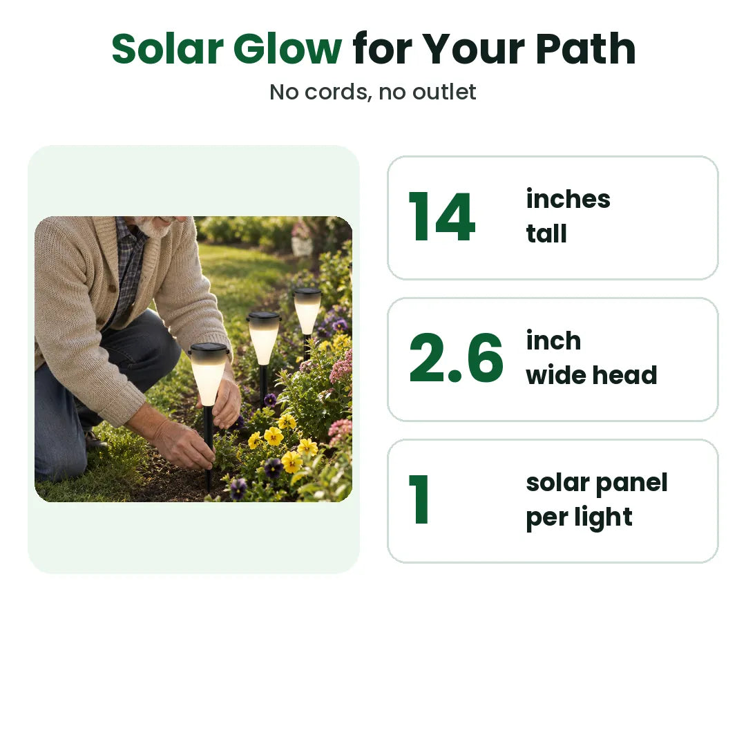 Solar pathway light size and features: 14 inches tall, 2.6 inch head