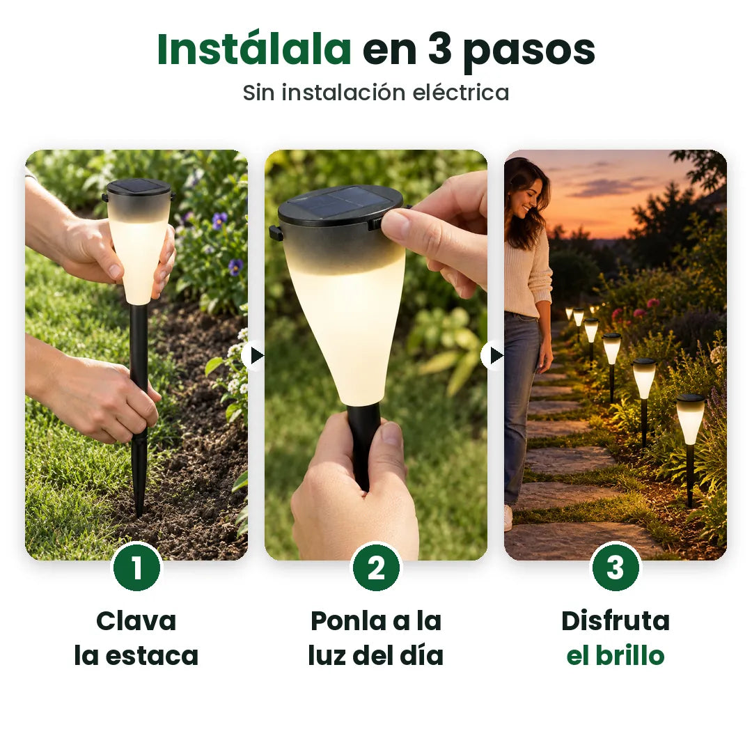 Tres pasos para instalar luces solares para camino: clavar, poner a la luz del día y disfrutar