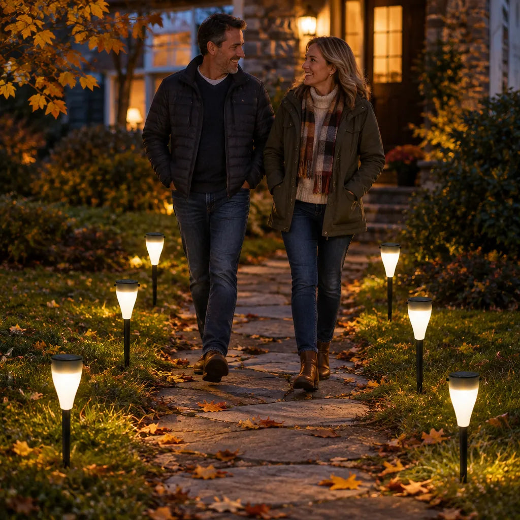 Couple walking a front walkway lined with glowing solar pathway lights at dusk