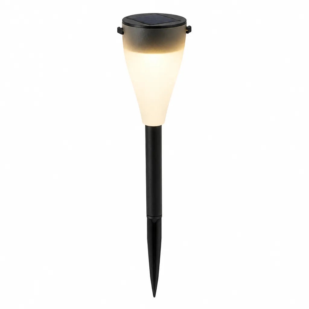 Solar pathway stake light with frosted cone shade on a white background