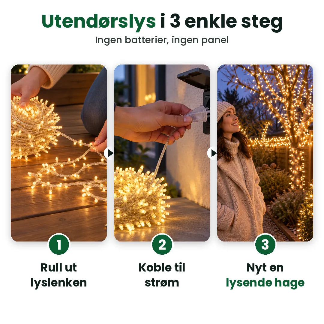 Tre steg for å henge opp julelys ute: rull ut, koble til, nyt