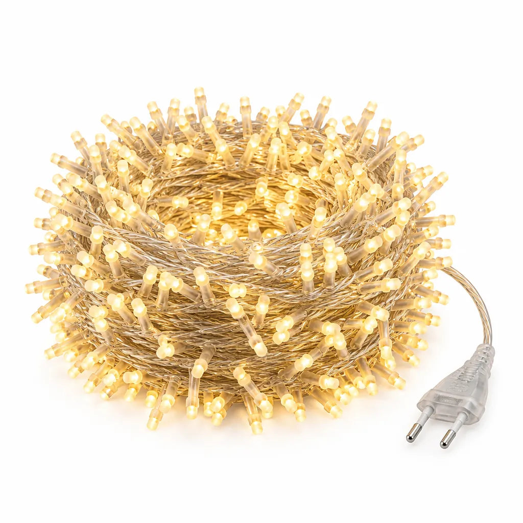 Coiled warm white LED string lights with plug on a white background