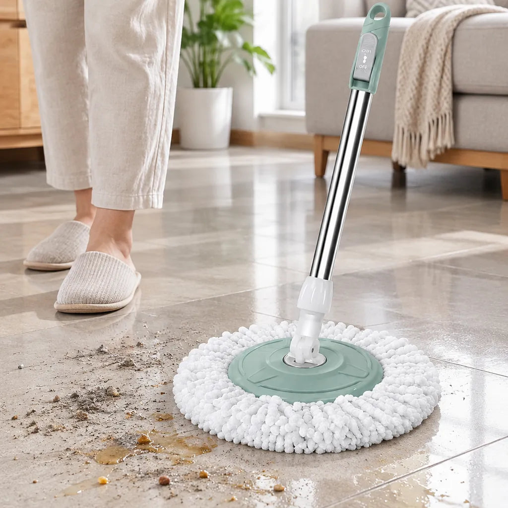 Piso de mosaico con polvo y manchas, con un trapeador giratorio listo para limpiar