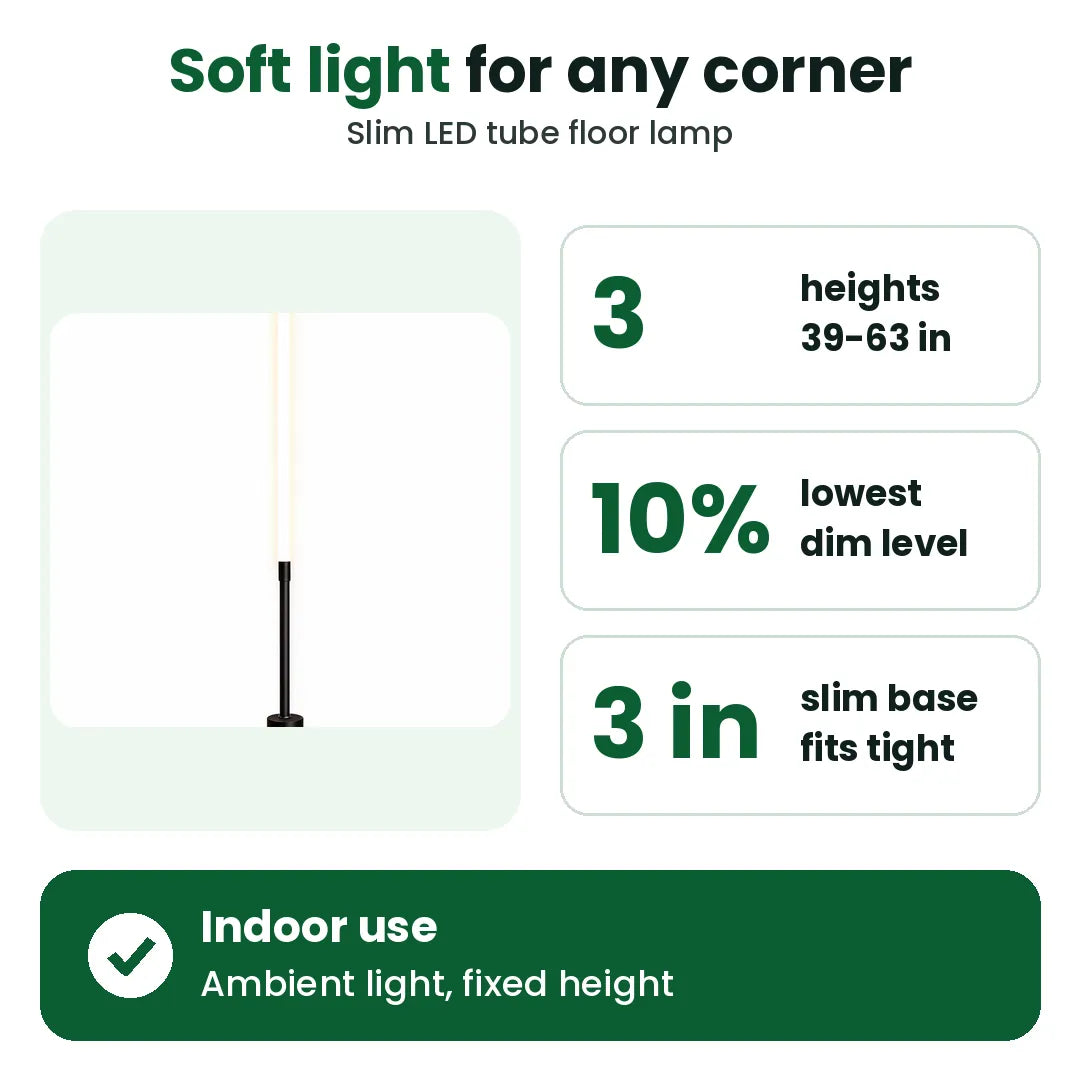 Slim LED floor lamp with three heights, dimming and a small base that fits tight corners