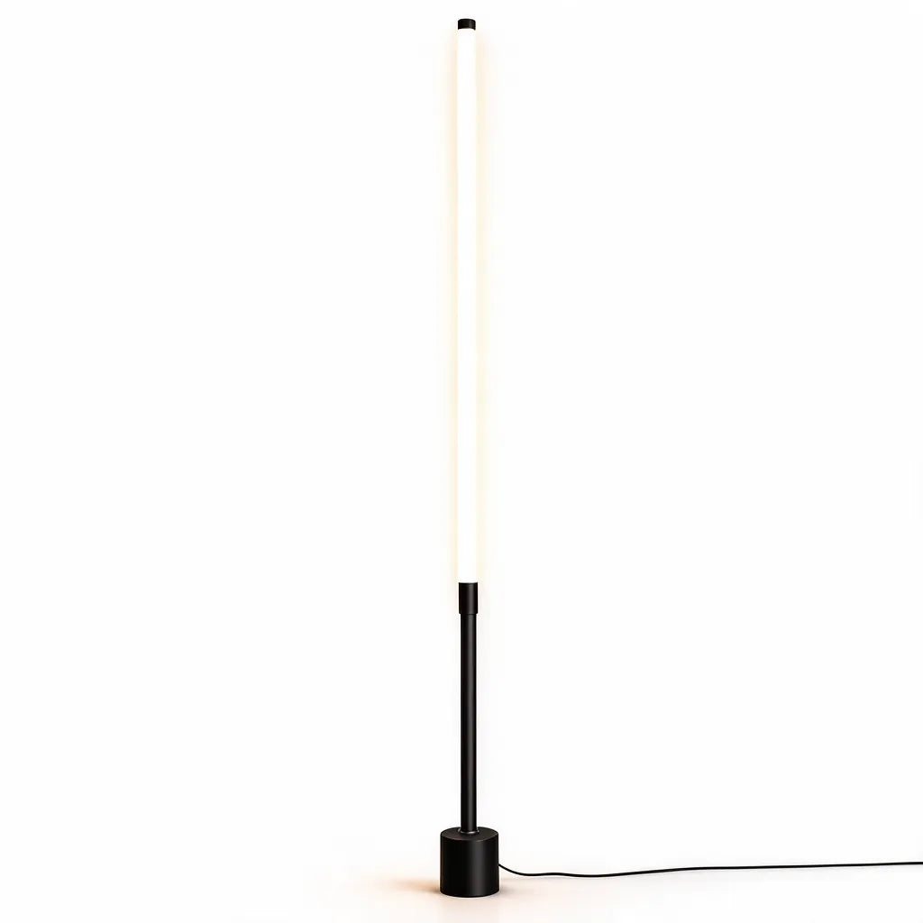 Slim black LED floor lamp with a glowing tube on a round base, white background