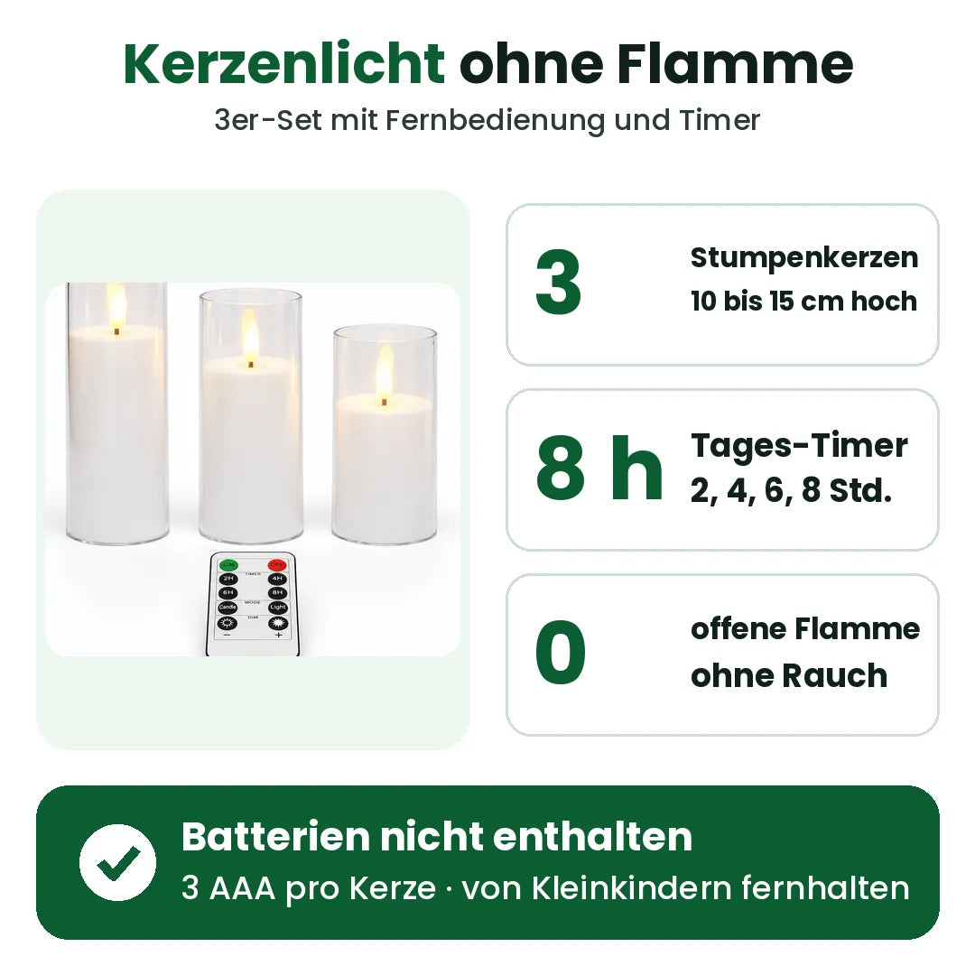 3er-Set LED Stumpenkerzen mit Tages-Timer und ohne offene Flamme