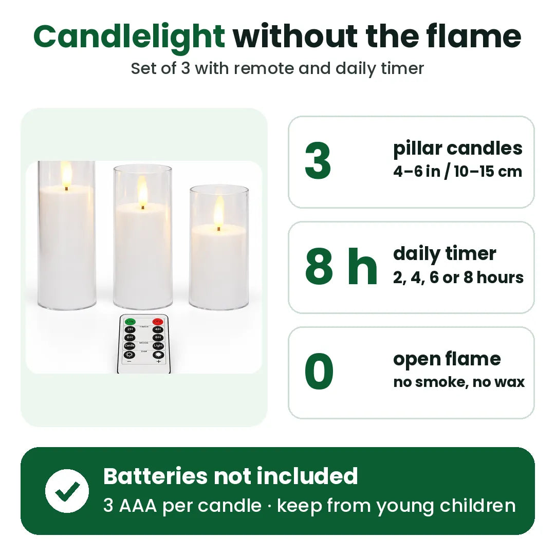 LED pillar candles set of 3 with daily timer, two light modes and no open flame