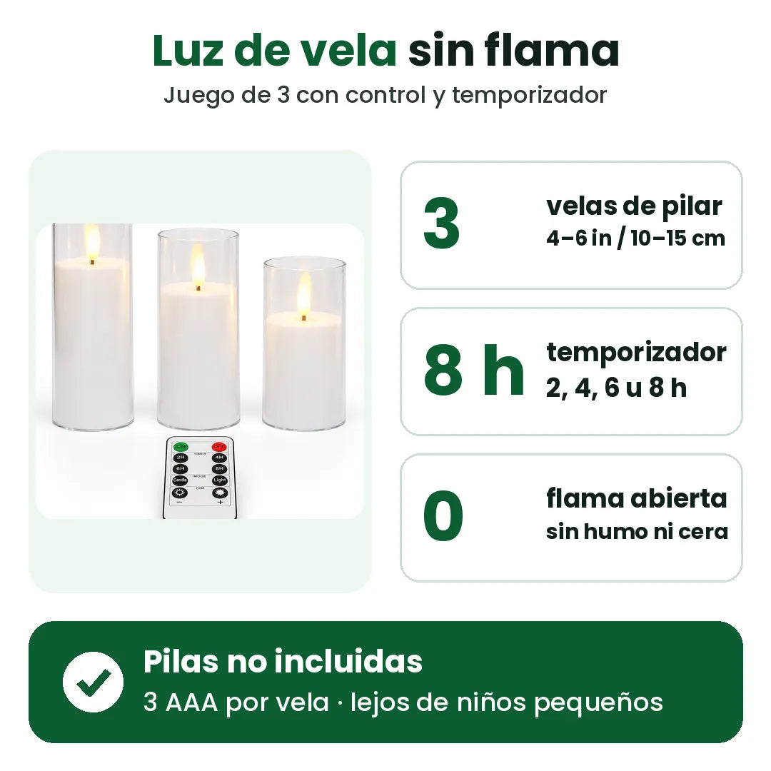 Juego de 3 velas LED tipo pilar con temporizador diario y sin flama abierta