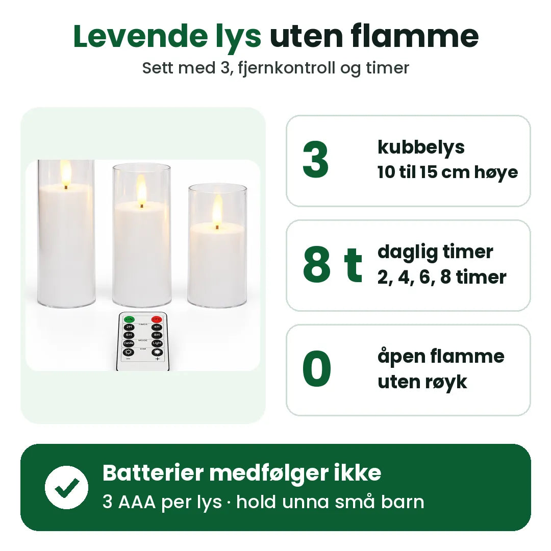 Sett med 3 LED kubbelys med daglig timer og uten åpen flamme