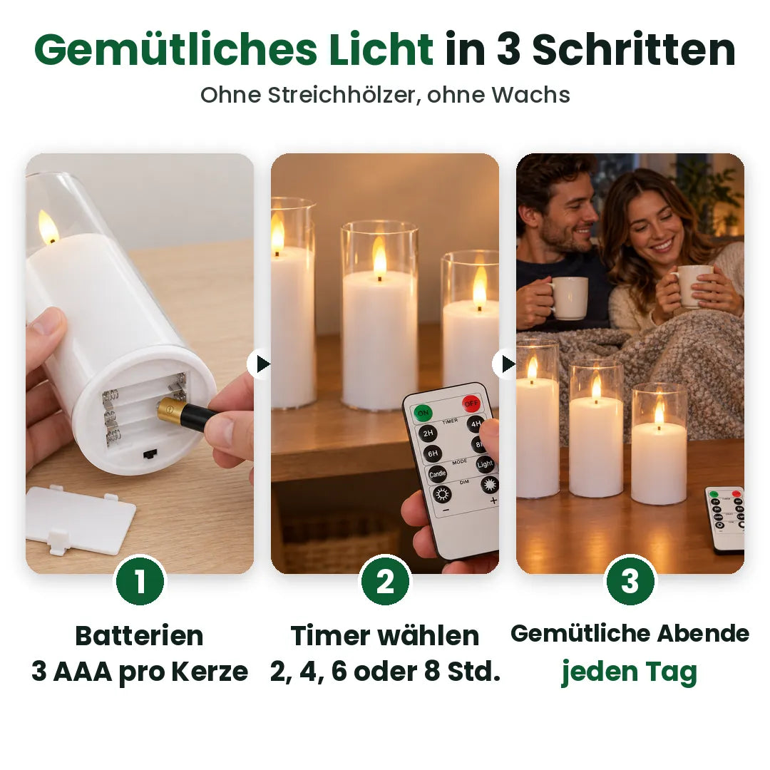 So funktionieren die Batterie Kerzen: Batterien einlegen, Timer stellen, geniessen
