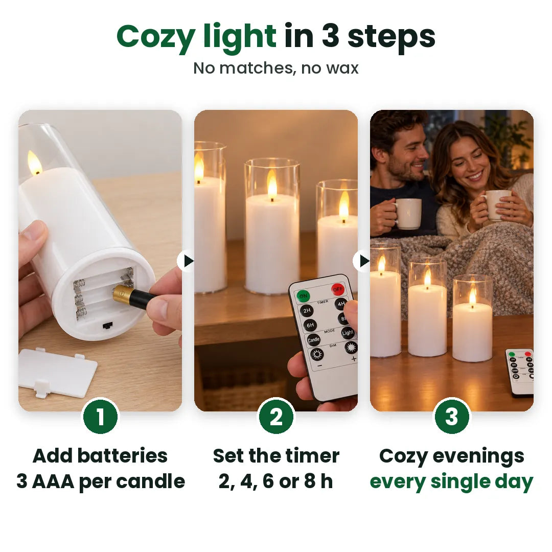 How the battery operated candles work: add batteries, set the timer, enjoy the glow