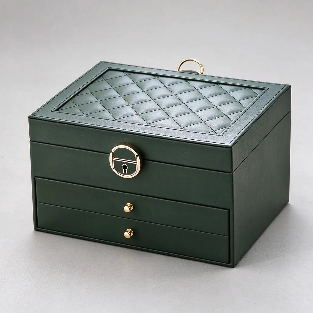 Closed green three-layer jewelry box with gold lock, a gift for her