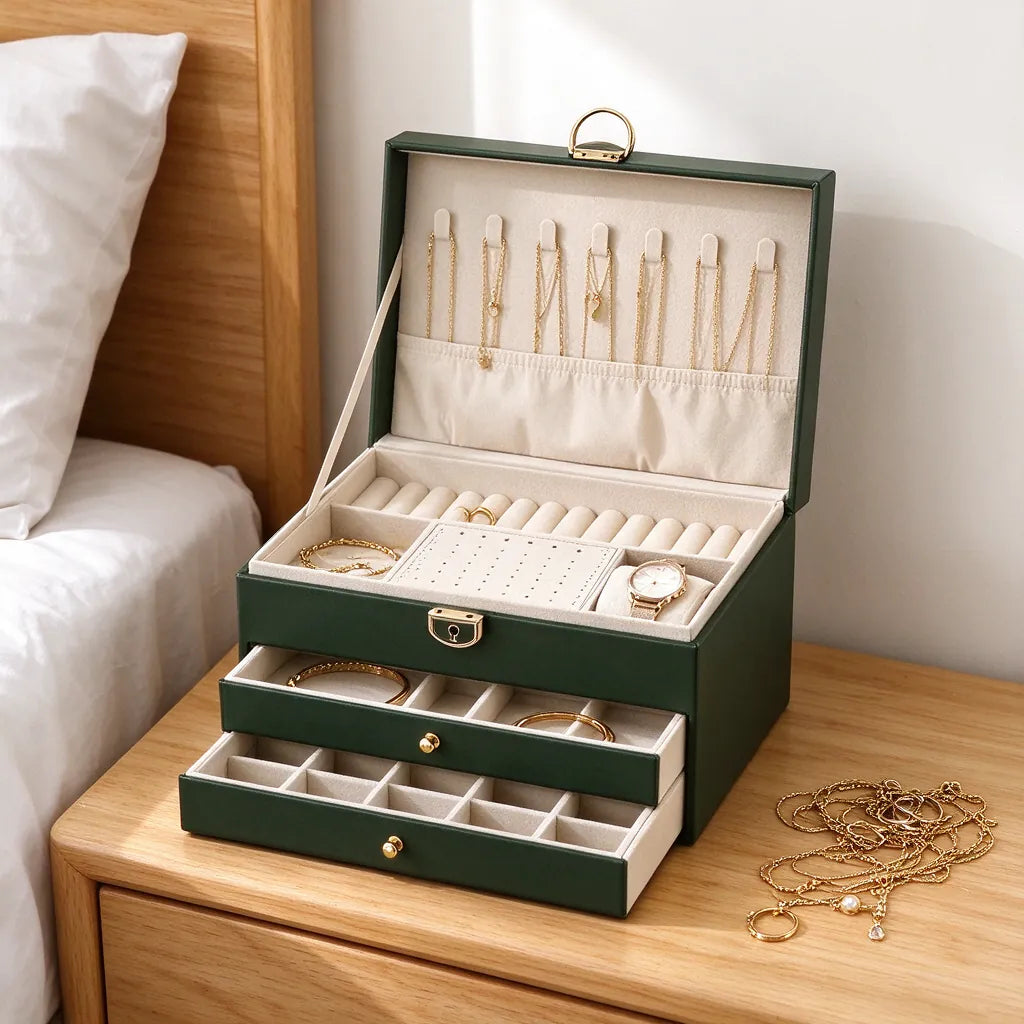 Gold chains and rings loose on a bedside table next to an open jewelry box