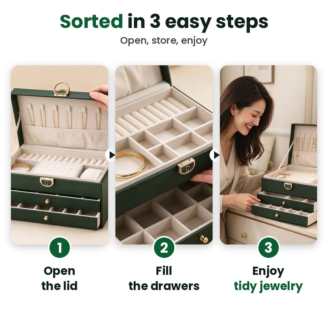 Three steps to organize jewelry: open the lid, fill the drawers, enjoy