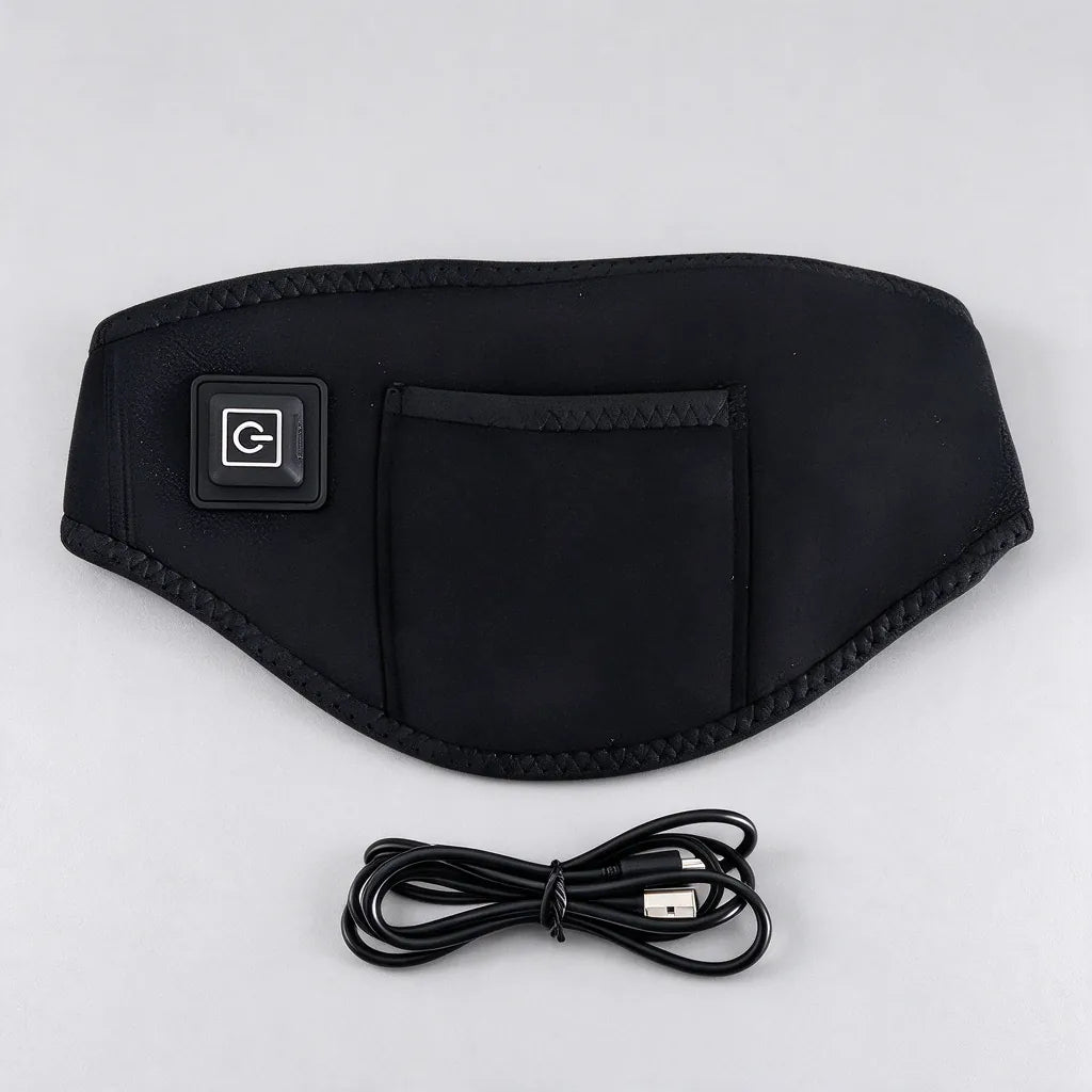 Heated neck wrap and USB cable laid flat on a grey surface