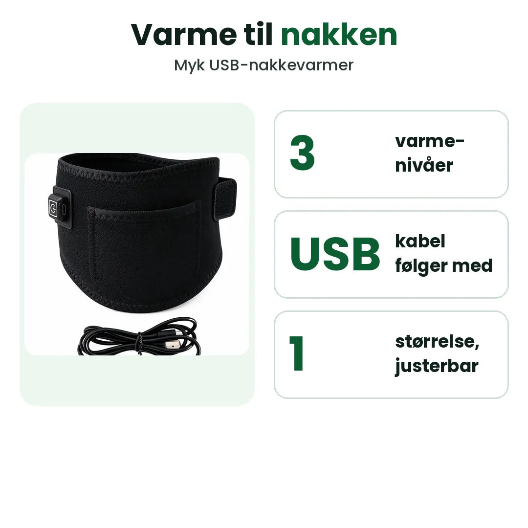 Oppvarmet nakkevarmer med 3 varmenivåer, USB-drevet