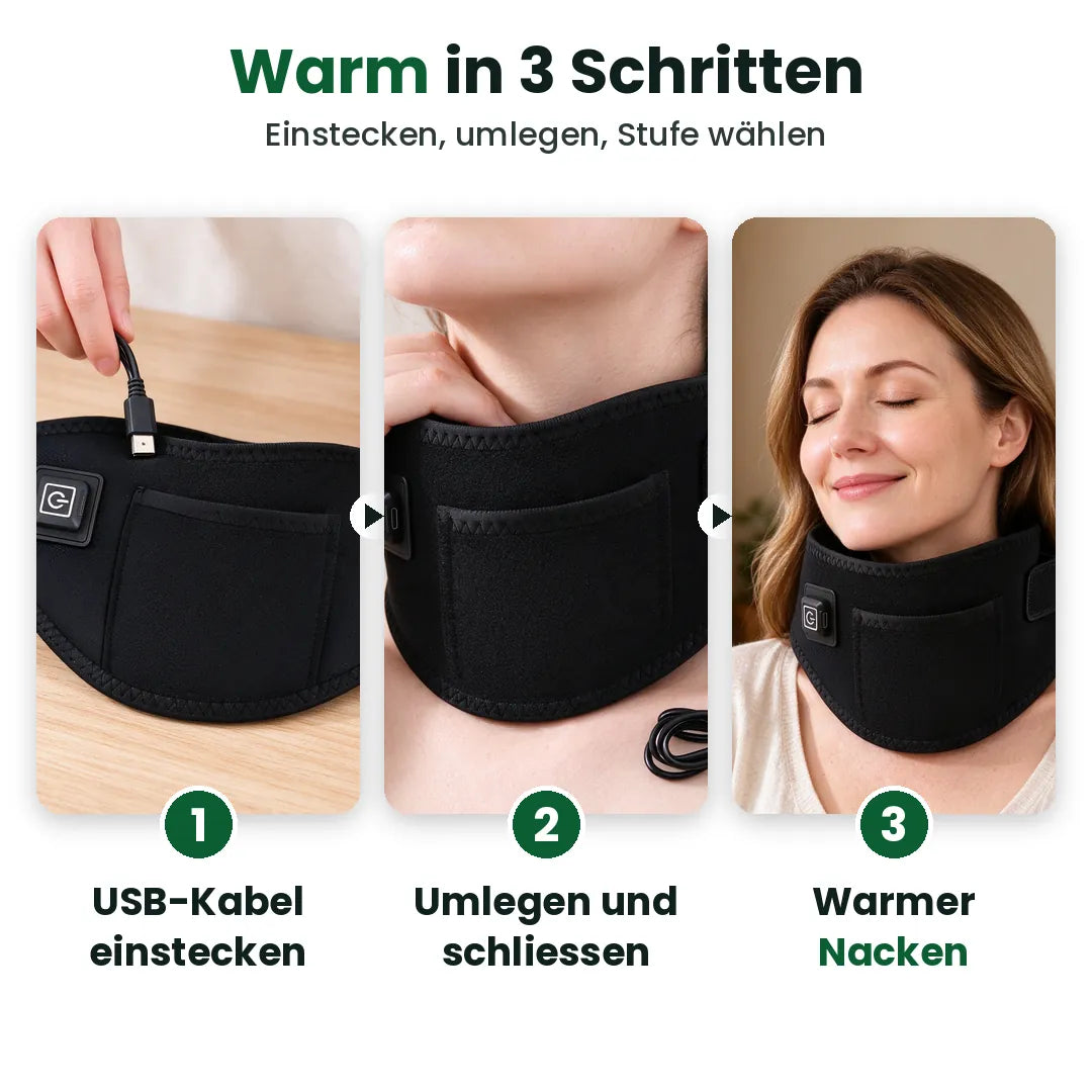 Drei Schritte: einstecken, umlegen, warmer Nacken