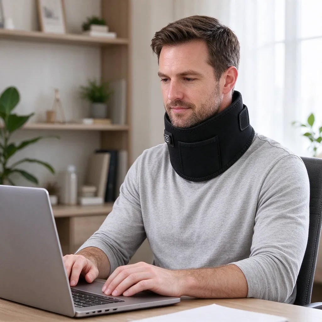 Mann mit schwarzem beheizbarem Nackenwärmer bei der Arbeit am Laptop