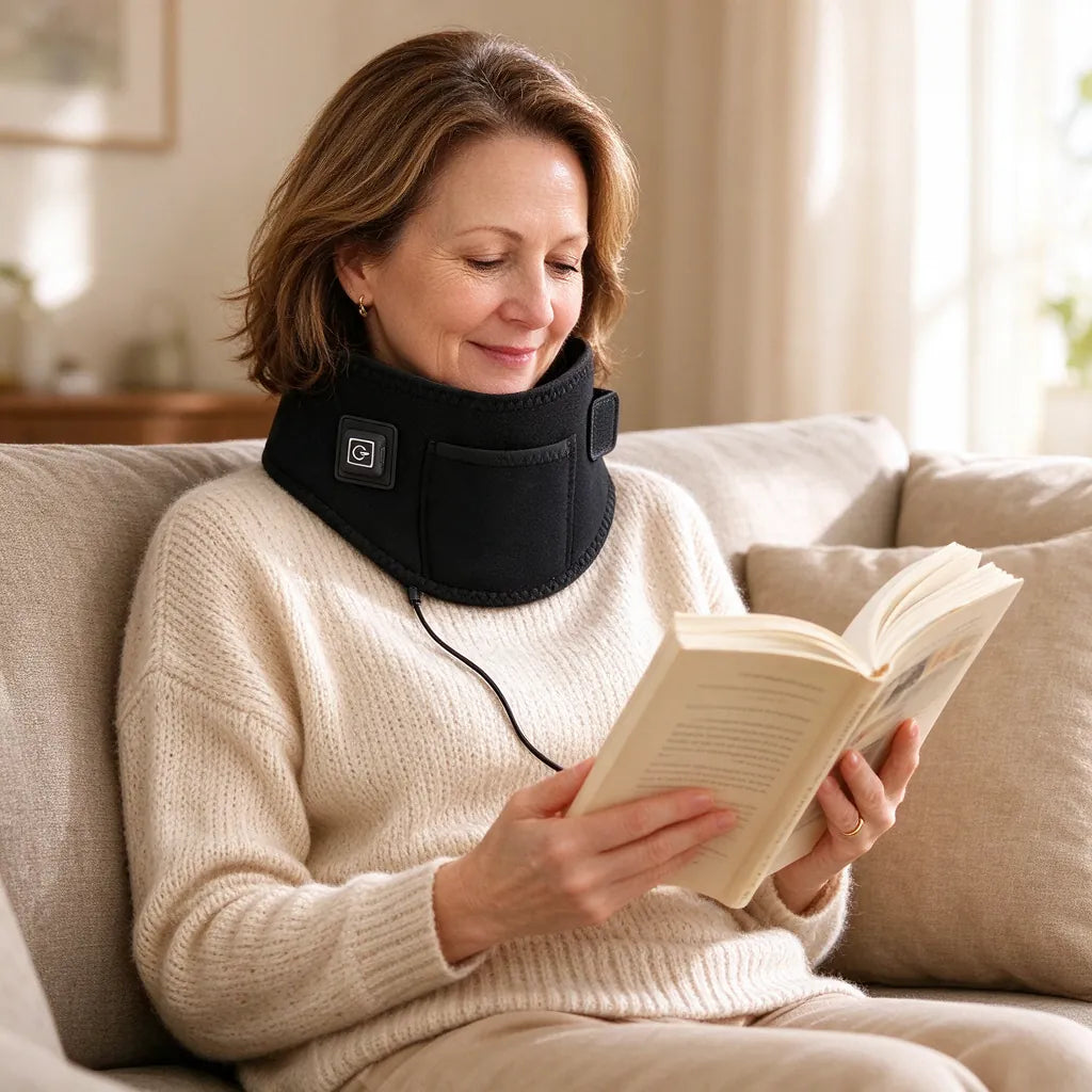 Woman reading on the sofa wearing a heated neck wrap