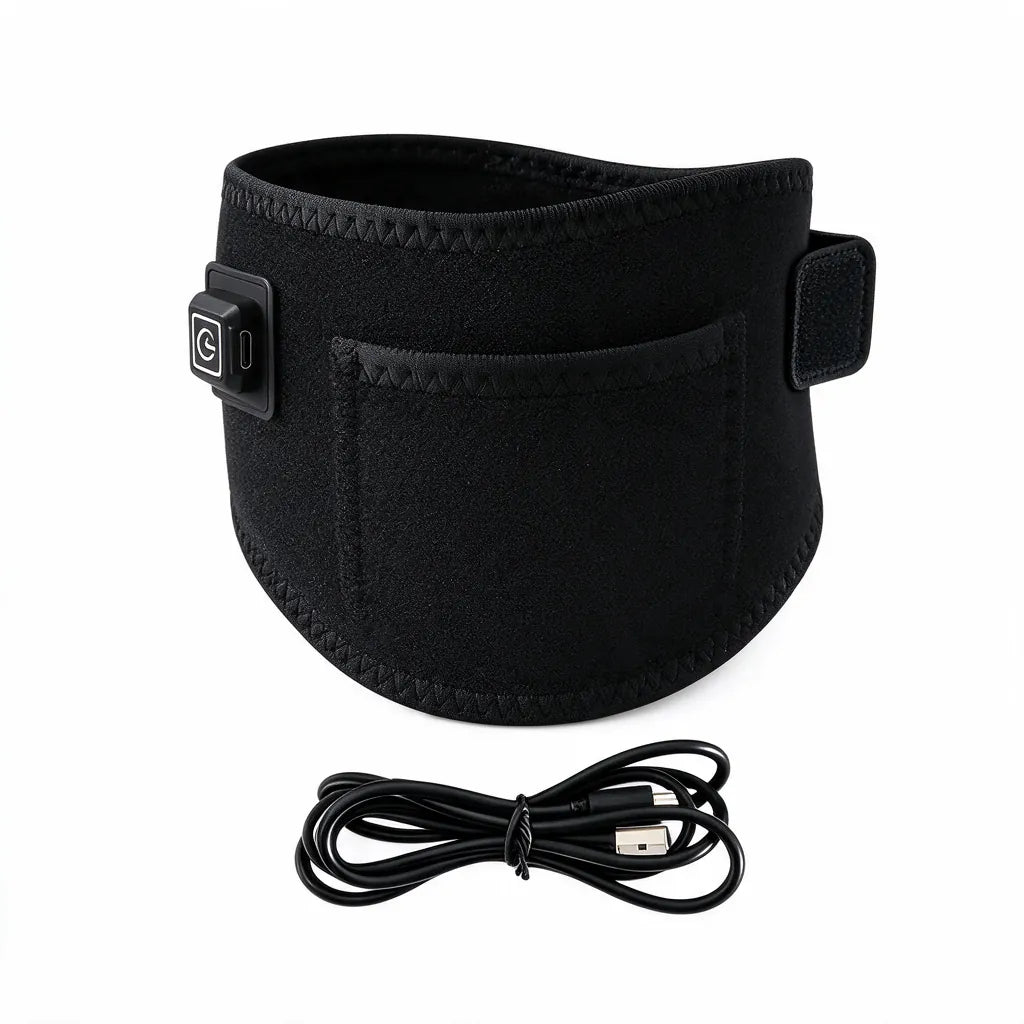 Black USB heated neck wrap with its cable on white