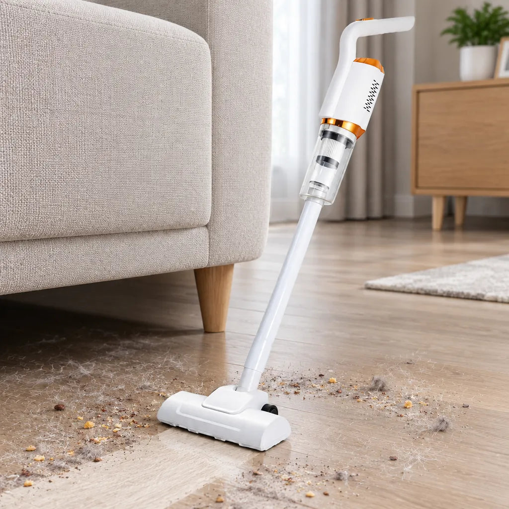 Krümel, Staub und Tierhaare auf einem Holzboden neben einem Sofa, die Bodendüse des kabellosen Staubsaugers reinigt einen Streifen